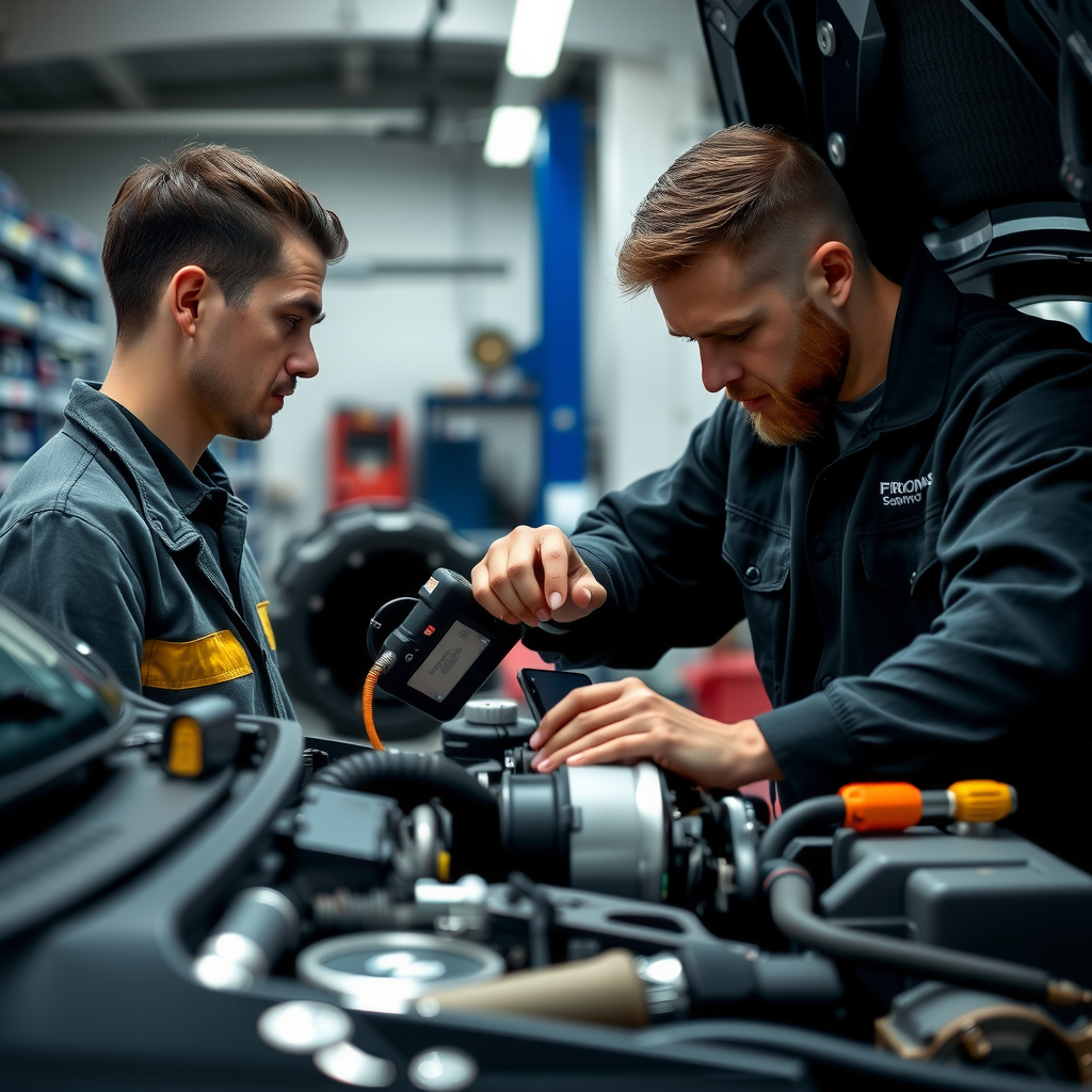 Mecánico profesional realizando inspección detallada de motor de automóvil usado en taller especializado, verificando componentes mecánicos con herramientas de diagnóstico