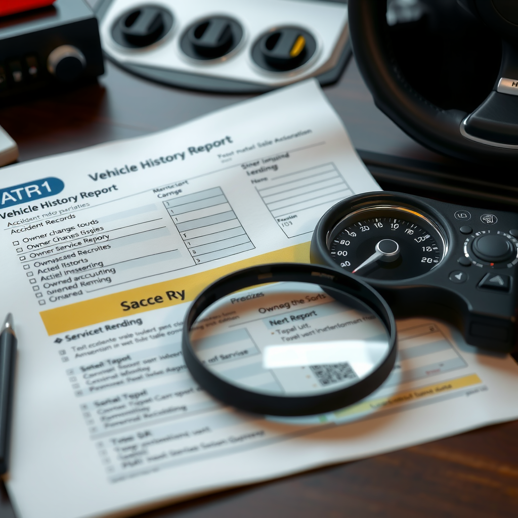 Documento detallado de informe de historial vehicular mostrando secciones de registros de accidentes, cambios de propietario, historial de servicio y lecturas de odómetro sobre un escritorio profesional con lupa
