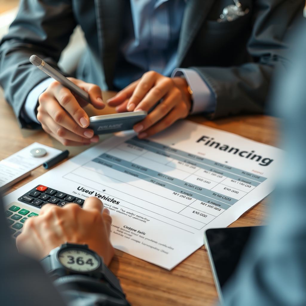Persona revisando documentos de financiamiento automotriz con calculadora y papeles sobre escritorio, mostrando diferentes opciones de préstamos bancarios y planes de pago para vehículos usados
