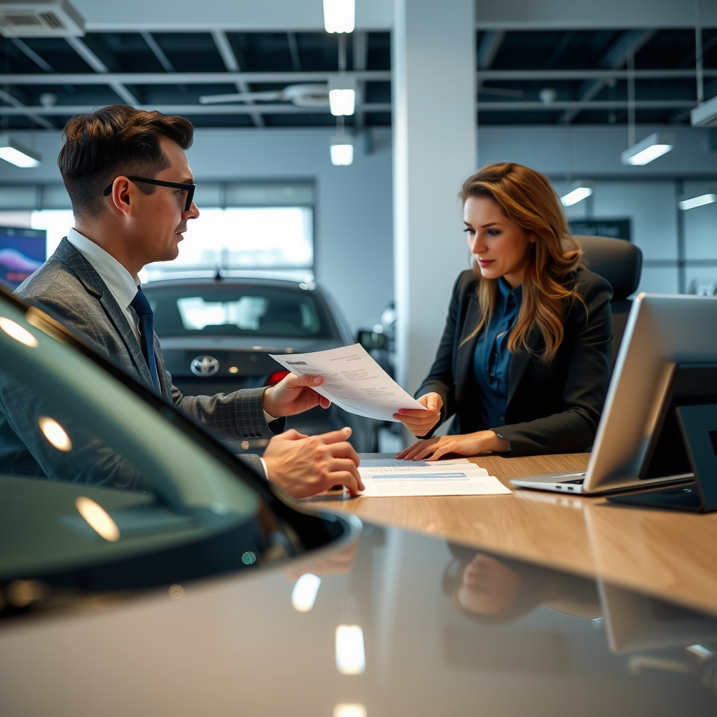Professional car buyer negotiating with dealer at desk, reviewing documents and pricing information in modern dealership showroom