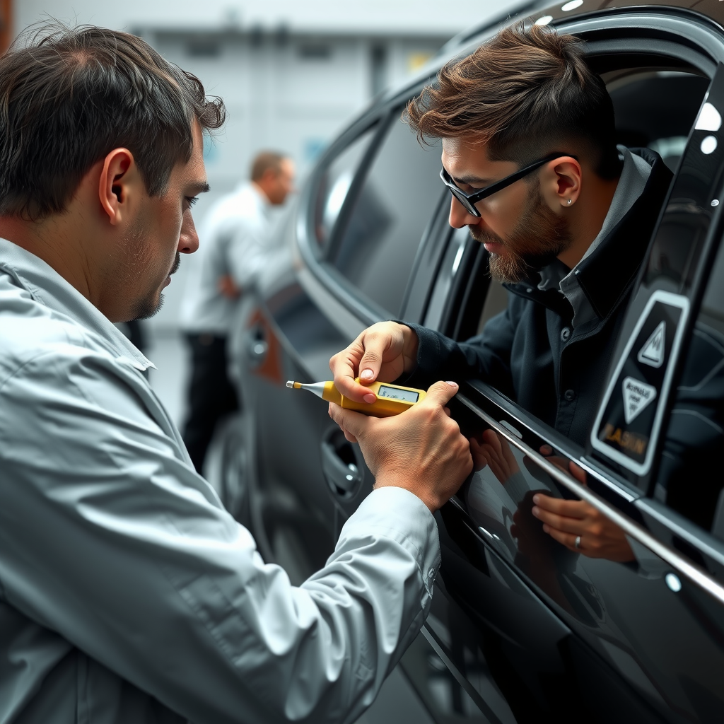 Inspector profesional examinando la carrocería de un automóvil usado con medidor de pintura, verificando paneles laterales y puertas en busca de daños, reparaciones previas o signos de accidentes