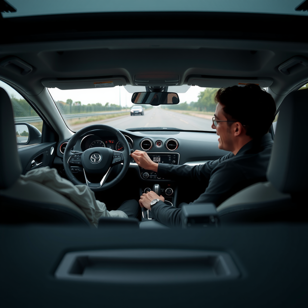 Conductor realizando prueba de manejo exhaustiva de automóvil usado en diferentes tipos de caminos, evaluando transmisión, frenos, dirección y suspensión en condiciones reales de conducción