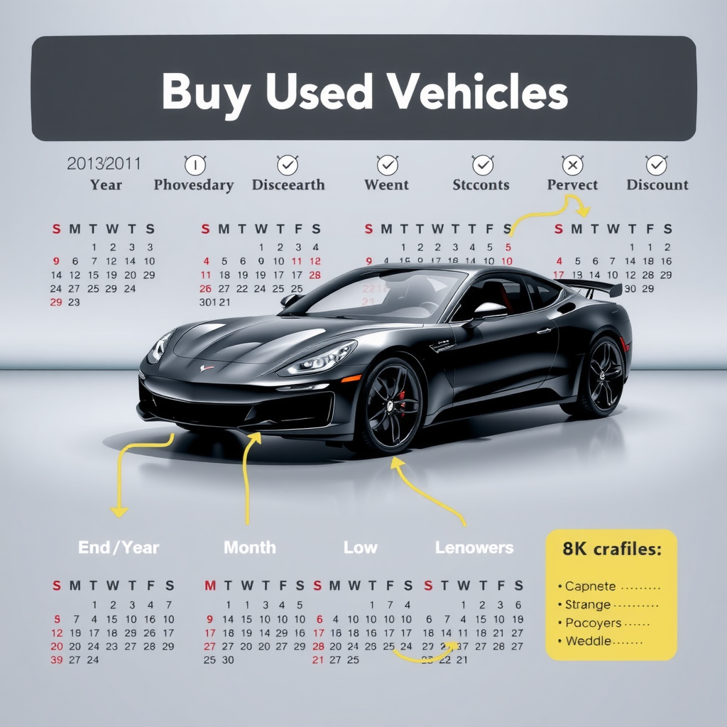 Calendario anual marcado con las mejores fechas para comprar vehículos usados, destacando fin de año, fin de mes y temporadas bajas con íconos de descuento