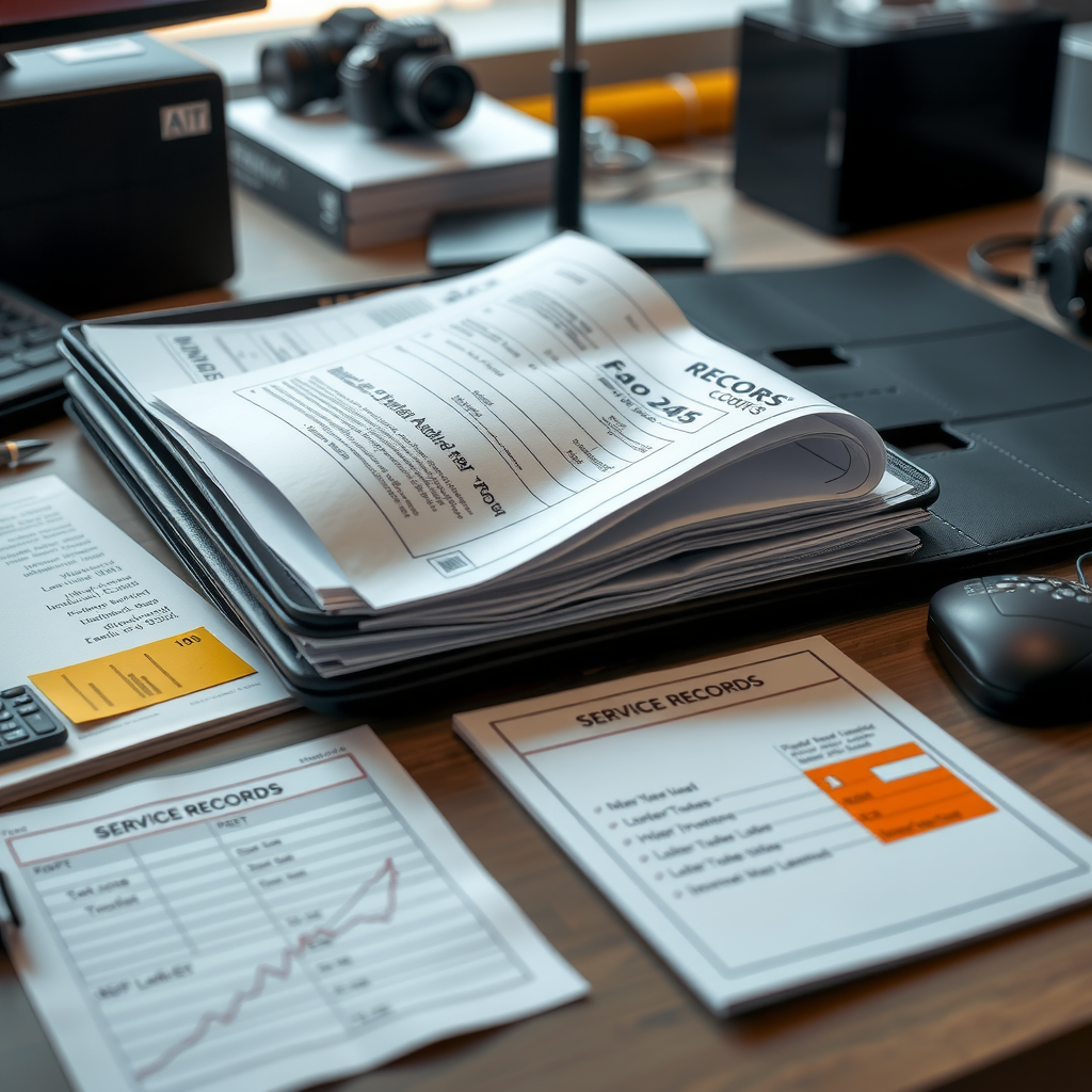 Carpeta organizada con registros de servicio detallados, facturas de mantenimiento y documentos de inspección técnica vehicular dispuestos sobre una mesa de oficina