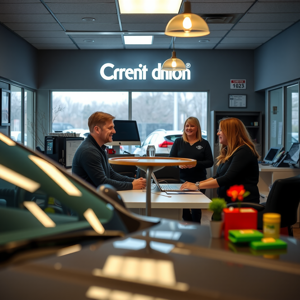 Interior acogedor de cooperativa de crédito con empleados atendiendo a clientes, mostrando ambiente familiar y personalizado para solicitar financiamiento de vehículos usados