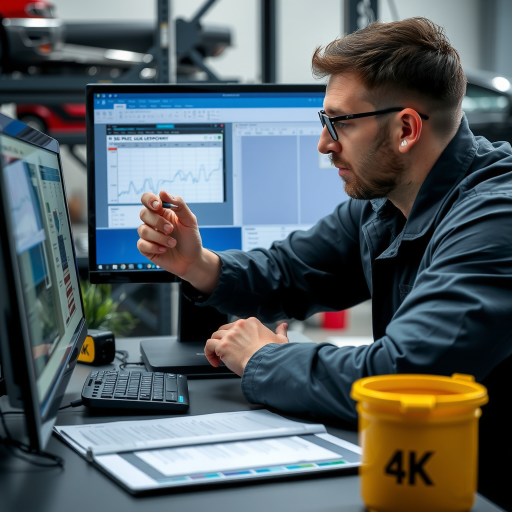 Especialista automotriz revisando historial completo de mantenimiento y reparaciones de vehículo usado en computadora, verificando registros de service, cambios de aceite y reparaciones previas documentadas
