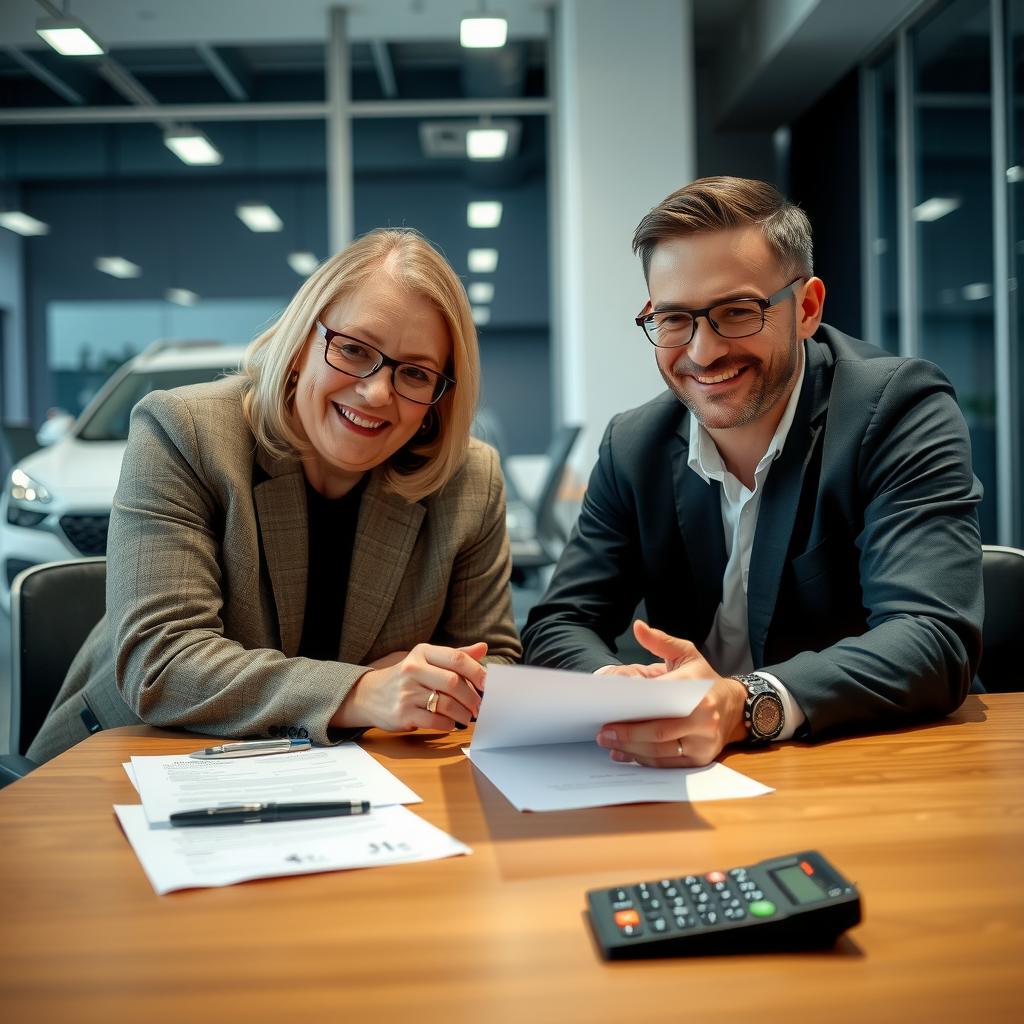 Dos personas en una negociación amistosa sobre la compra de un vehículo, sentados en una oficina moderna con documentos y calculadora sobre la mesa
