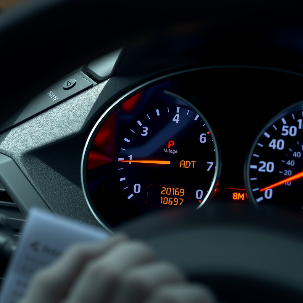 Primer plano de un odómetro digital mostrando kilometraje con inspector verificando la lectura contra documentos de historial vehicular en el tablero