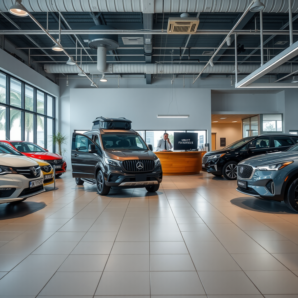 Showroom moderno de concesionaria de autos usados con vehículos exhibidos y oficina de financiamiento, mostrando espacio profesional donde se pueden obtener planes de pago directos