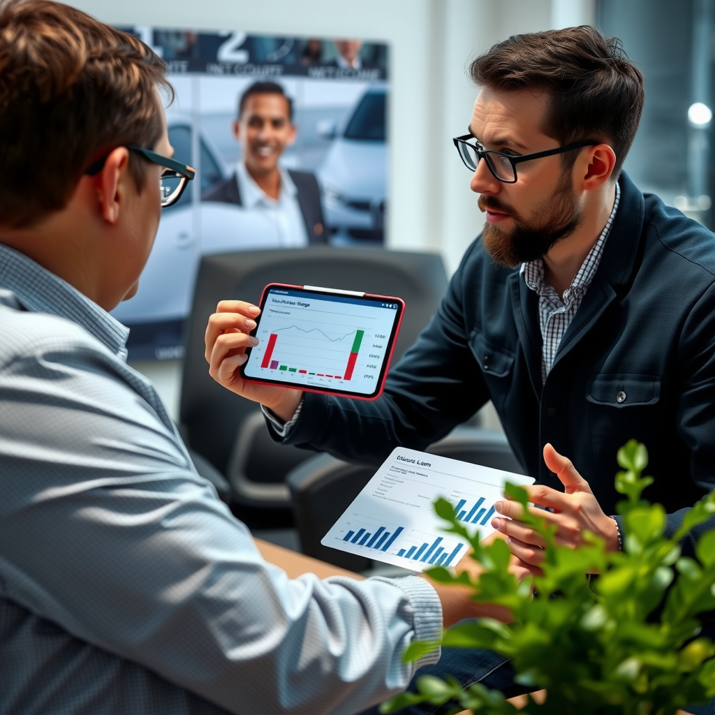 Financial advisor explaining car loan options to customer, showing comparison charts of interest rates, loan terms, and payment plans on tablet screen