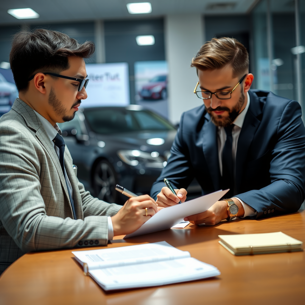 Comprador y vendedor completando documentación de transferencia de vehículo usado en oficina de registro automotor, firmando papeles legales con asesor profesional presente garantizando transacción segura