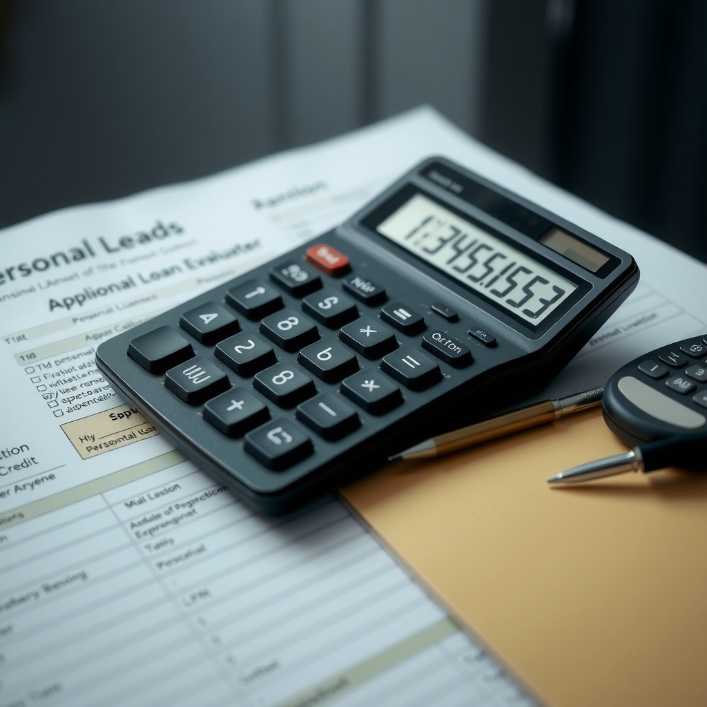 Calculadora financiera digital mostrando cálculos de préstamos personales con papeles de solicitud y documentos bancarios, ilustrando proceso de evaluación de crédito personal