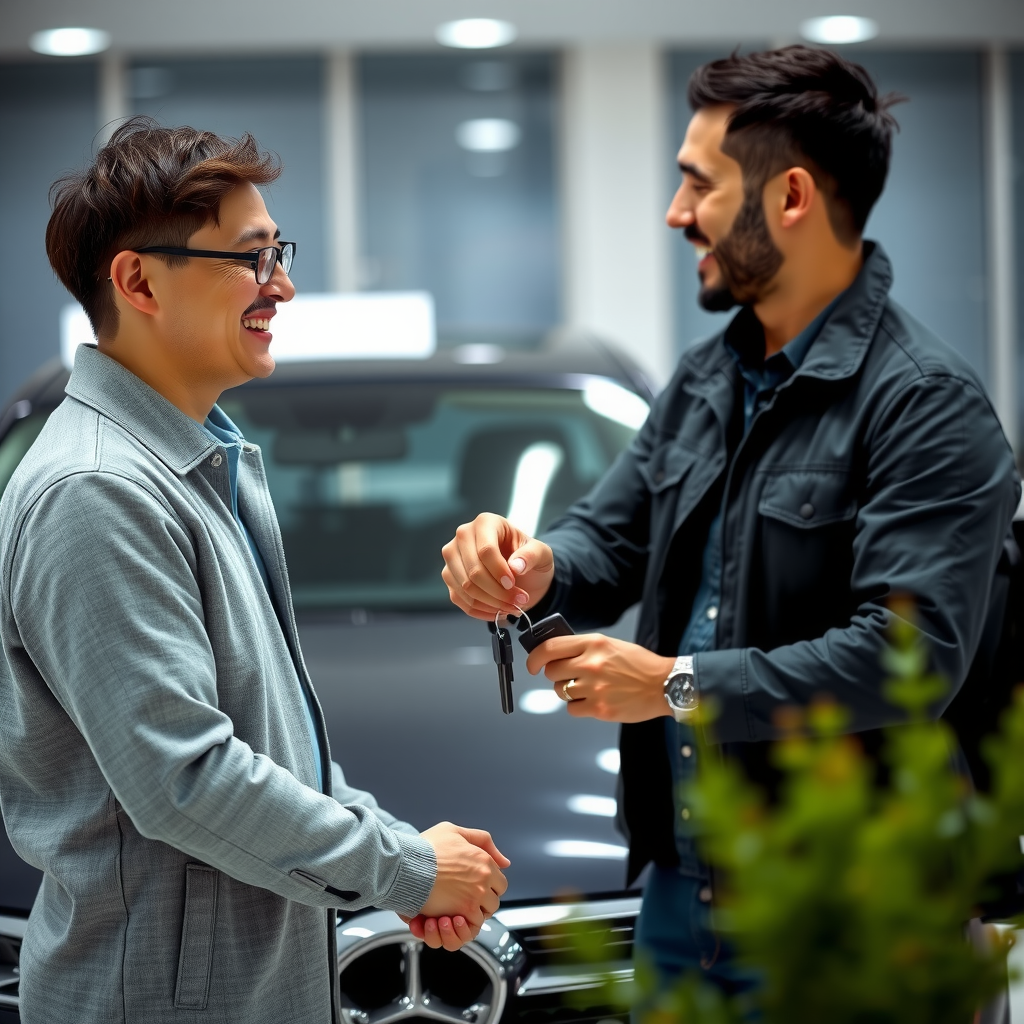 Persona feliz recibiendo las llaves de su vehículo usado recién comprado, estrechando la mano del vendedor frente al auto con una sonrisa de satisfacción