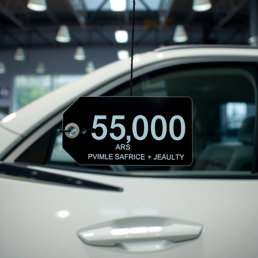 Etiqueta de precio transparente mostrando 250.000 ARS en vehículo usado de calidad en showroom de MellieSVWQ