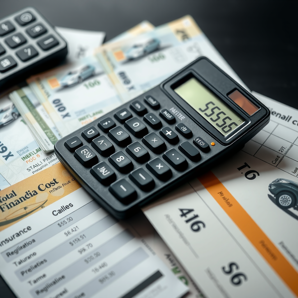 Calculadora con billetes argentinos y papeles mostrando cálculos de costos totales de financiamiento, incluyendo seguros, patentes y gastos administrativos de préstamo automotor