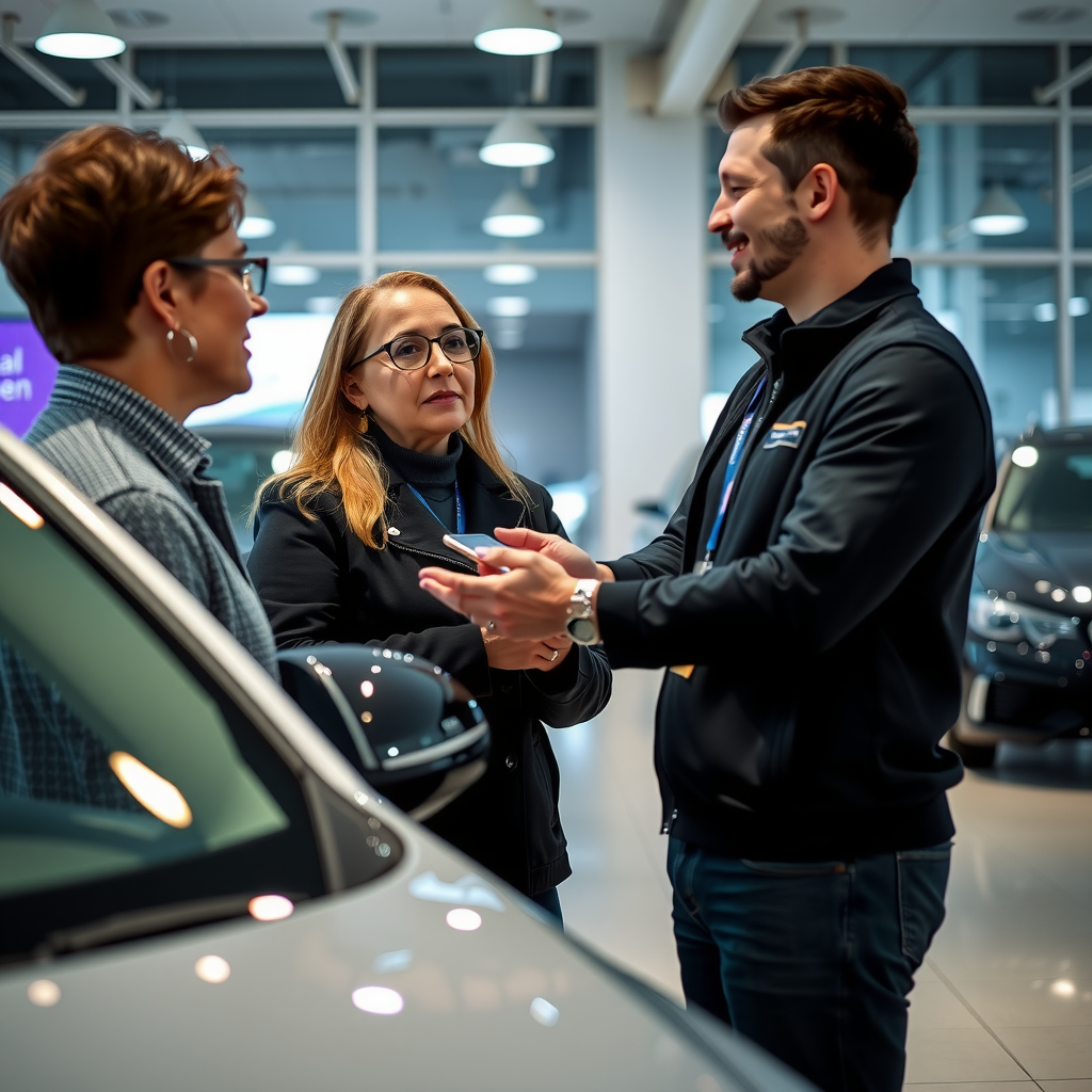 Asesor de ventas de MellieSVWQ brindando atención personalizada a cliente en showroom, explicando características de vehículo usado